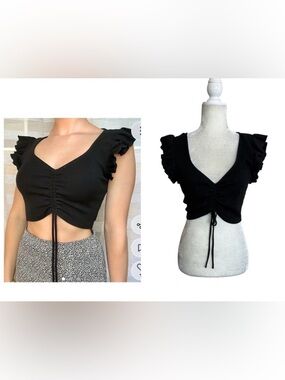Zara Black Ruffled V-Neck Cinch Front Crop Y2K Top Size Large